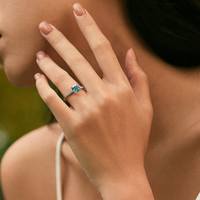 Platinum Cushion Blue Diamond Ring | 1.58Ct VS Clarity | Three-Stone with Side Diamonds